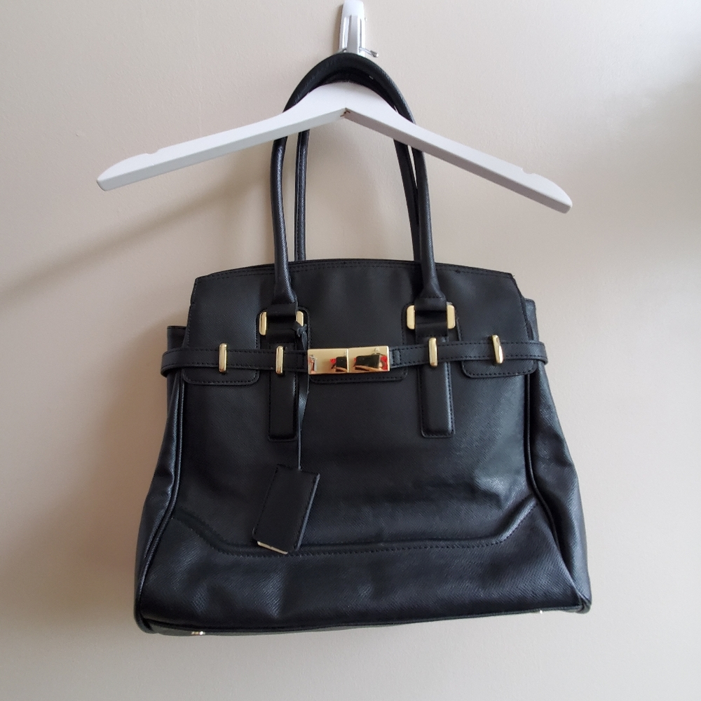Ivanka T Genuine Leather Tote Black Bag with gold hardware